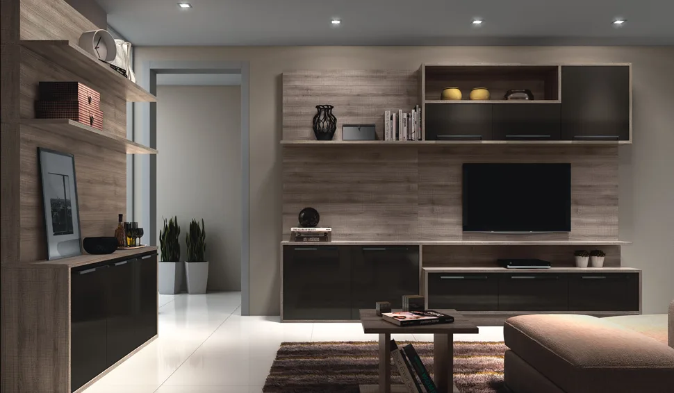 Painel de TV com ripados em madeira na sala