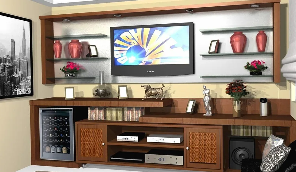 Sala de estar com painel e marcenaria planejada
