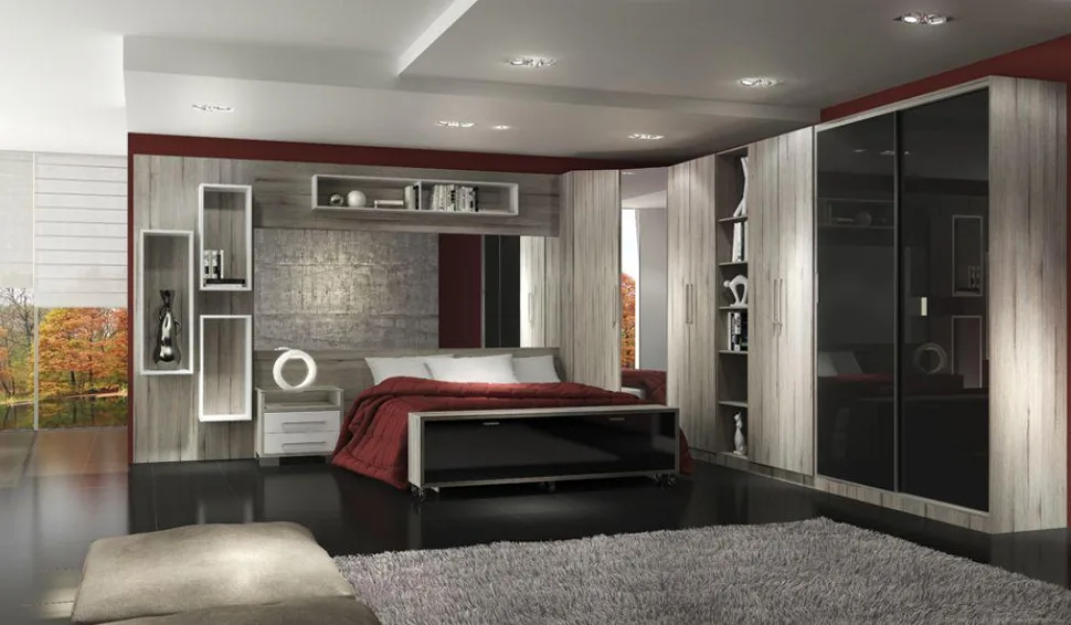Quarto planejado com acabamento premium e armários
